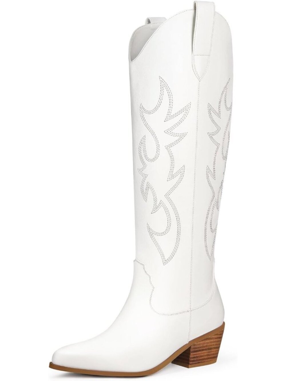 Women's White Cowgirl Boots Knee High Tall Boots Chunky Heel Pointed Toe Boots